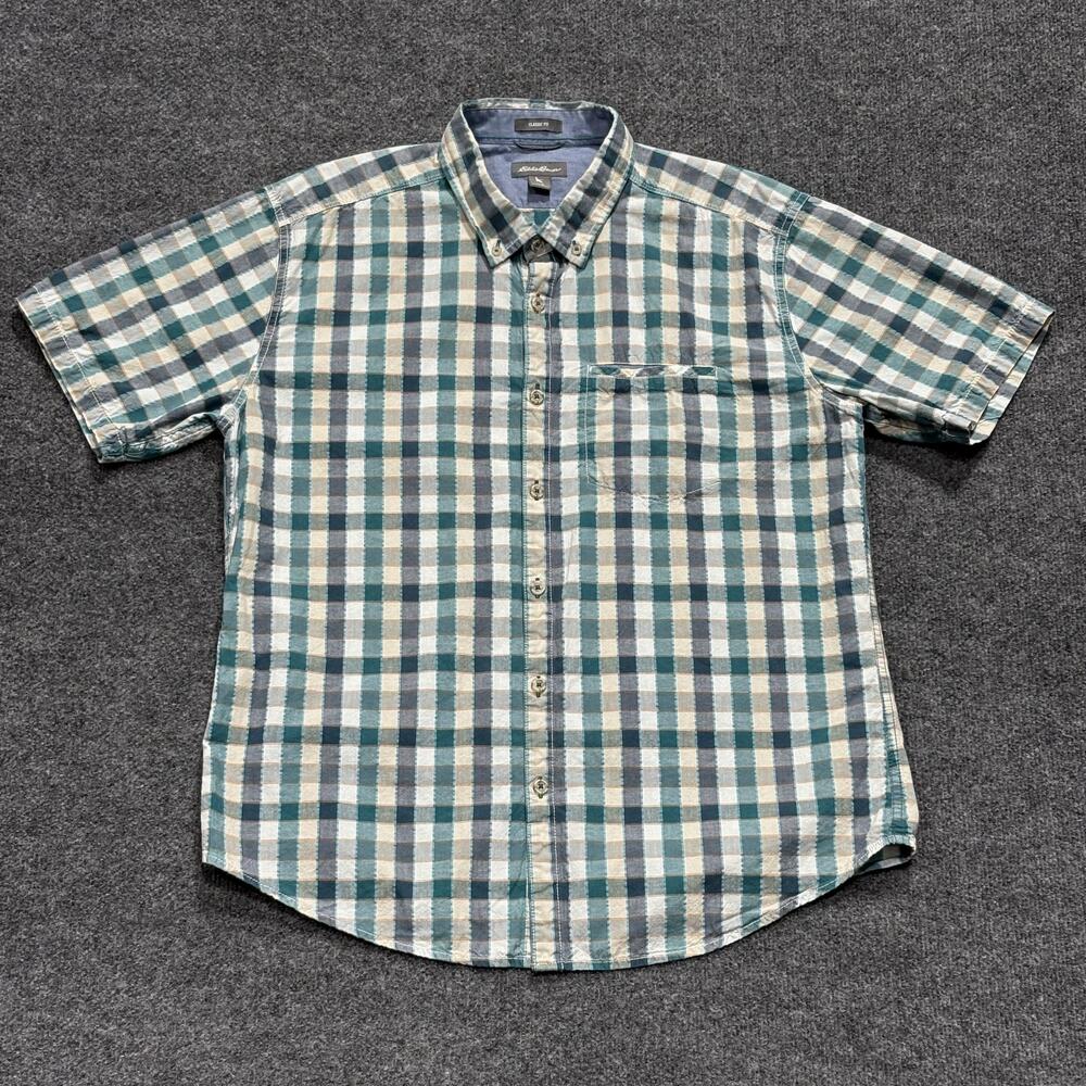 Eddie Bauer Shirt Mens Large Blue Green Plaid Classic Fit Short Sleeve Cotton